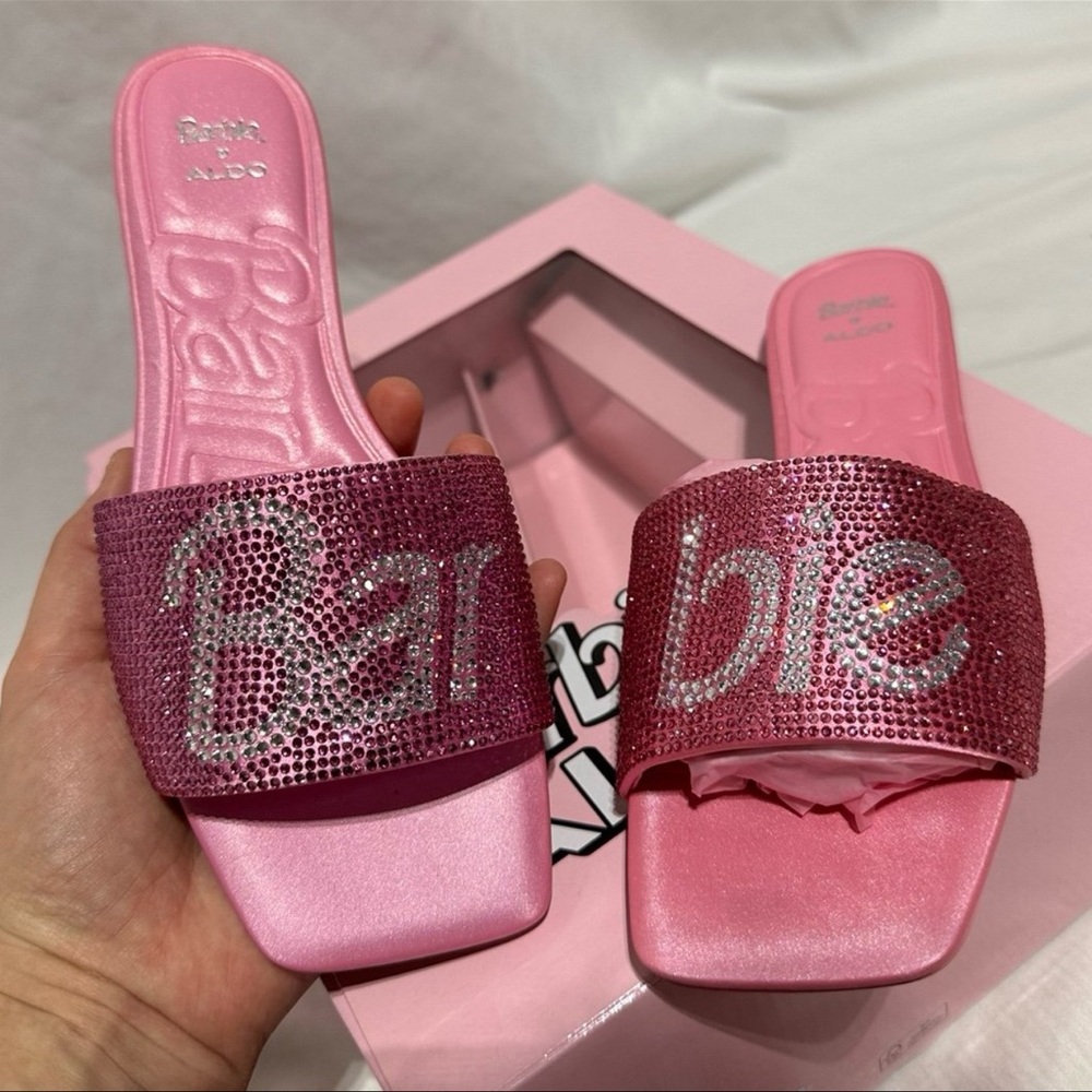 Aldo x Barbie Barbieville Pink Satin Rhinestone Flat Slide Sandals New Woman’s - Picture 4 of 11